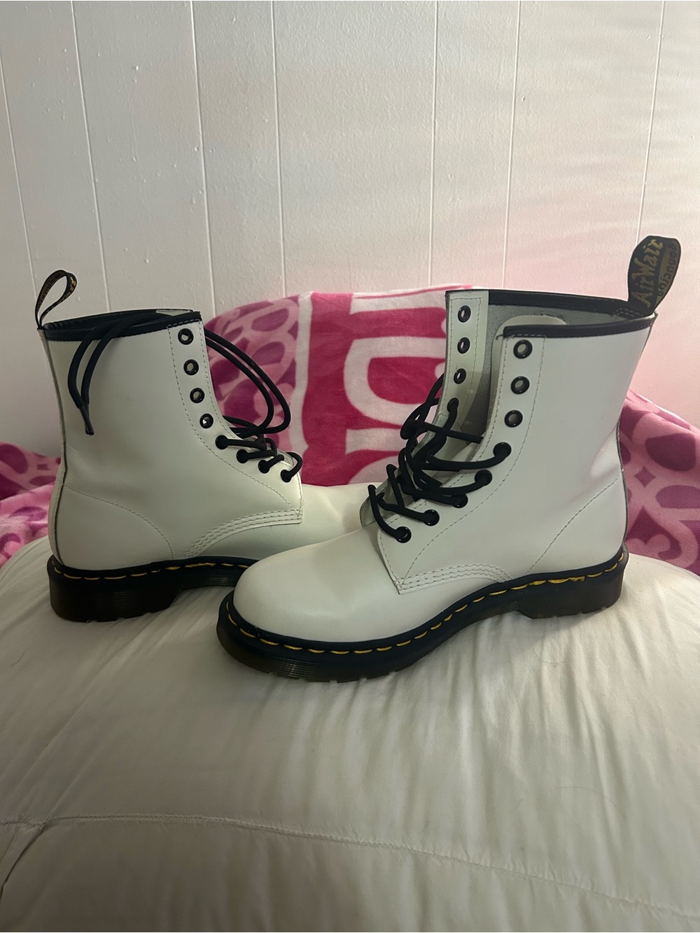 Dr. Martens White Leather 8-Eye Lace-Up Boots with Black Accents